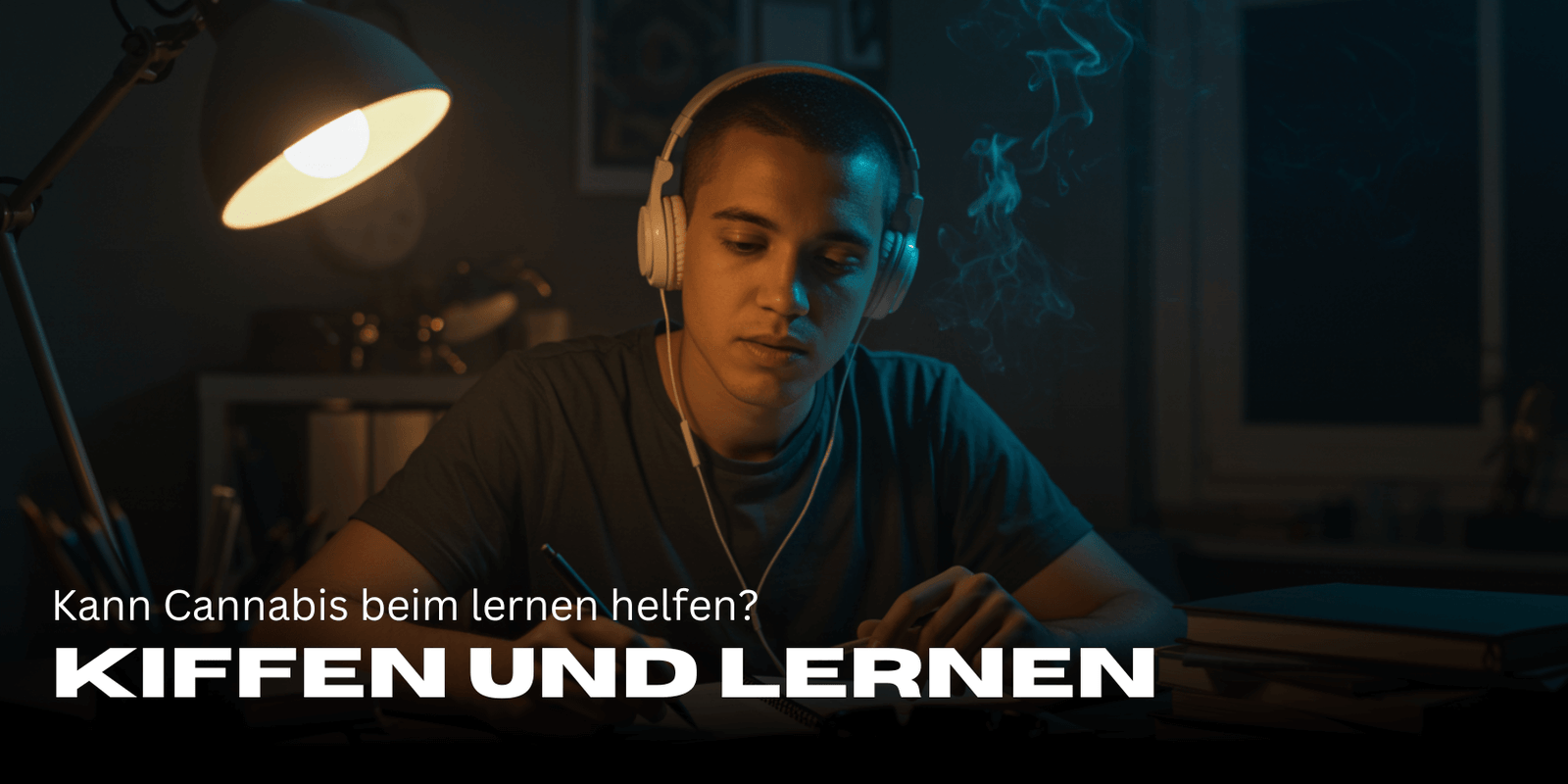 Kiffen und lernen, geht das überhaupt? Junger Mann mit Kophörer der beim lernen einen Joint raucht.