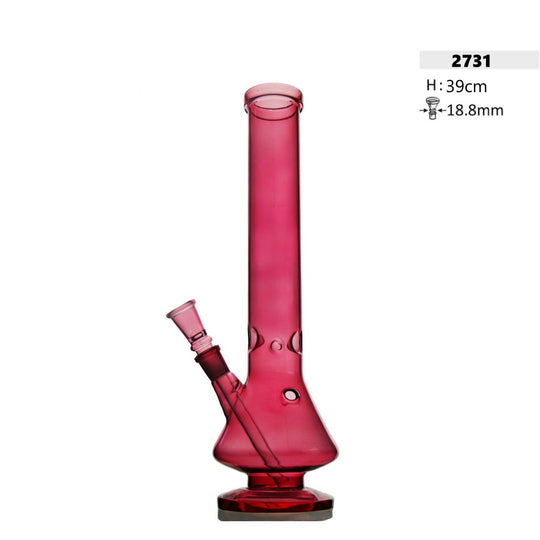 Bong de cristal color rubí cilíndrico con panza H: 39cm con agujero para hielo y patada