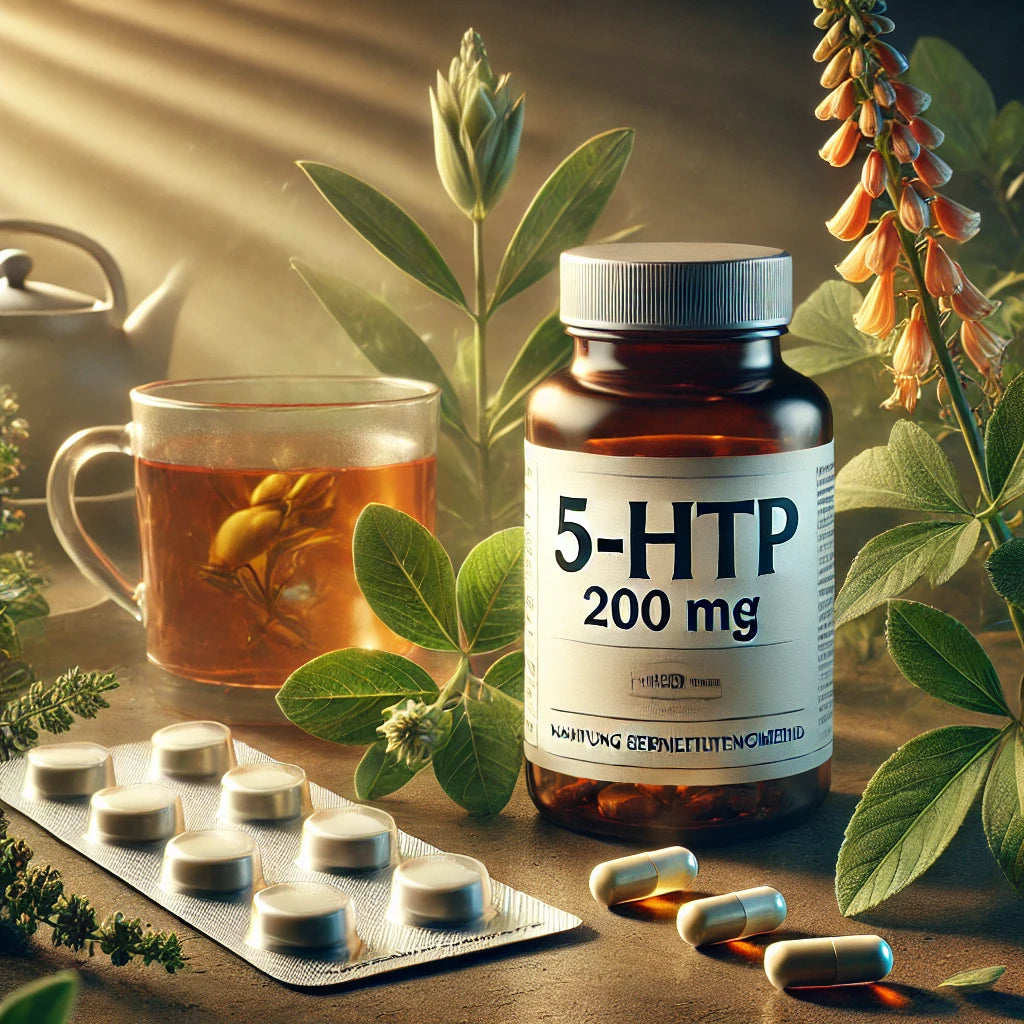 Darstellung einer 5-HTP-Nahrungsergänzungsflasche mit lesbarem Etikett „5-HTP 200 mg