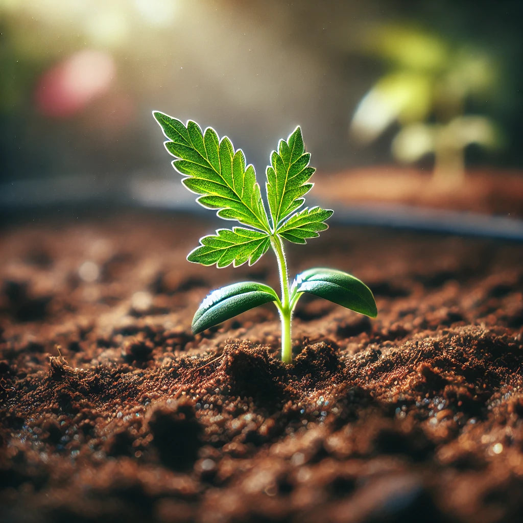 Junge Cannabis-Pflanze mit zwei grünen Blättern wächst in dunkler Erde. Wassertropfen auf den Blättern, weiches Licht im Hintergrund, leicht verschwommene Indoor-Anbauumgebung.