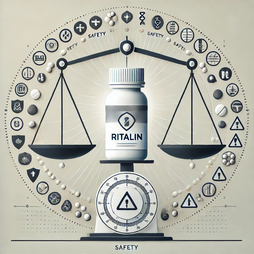 Ritalin-Flasche, auf einer Waage balancierend, mit Sicherheitssymbolen wie einem Schild und einem Warnzeichen, die Risiken und Vorteile abwägen, gestaltet in modernem Infografik-Stil.