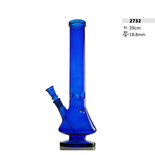 Bong de cristal azul cilíndrico con panza H: 39cm con hielo y agujero para patada