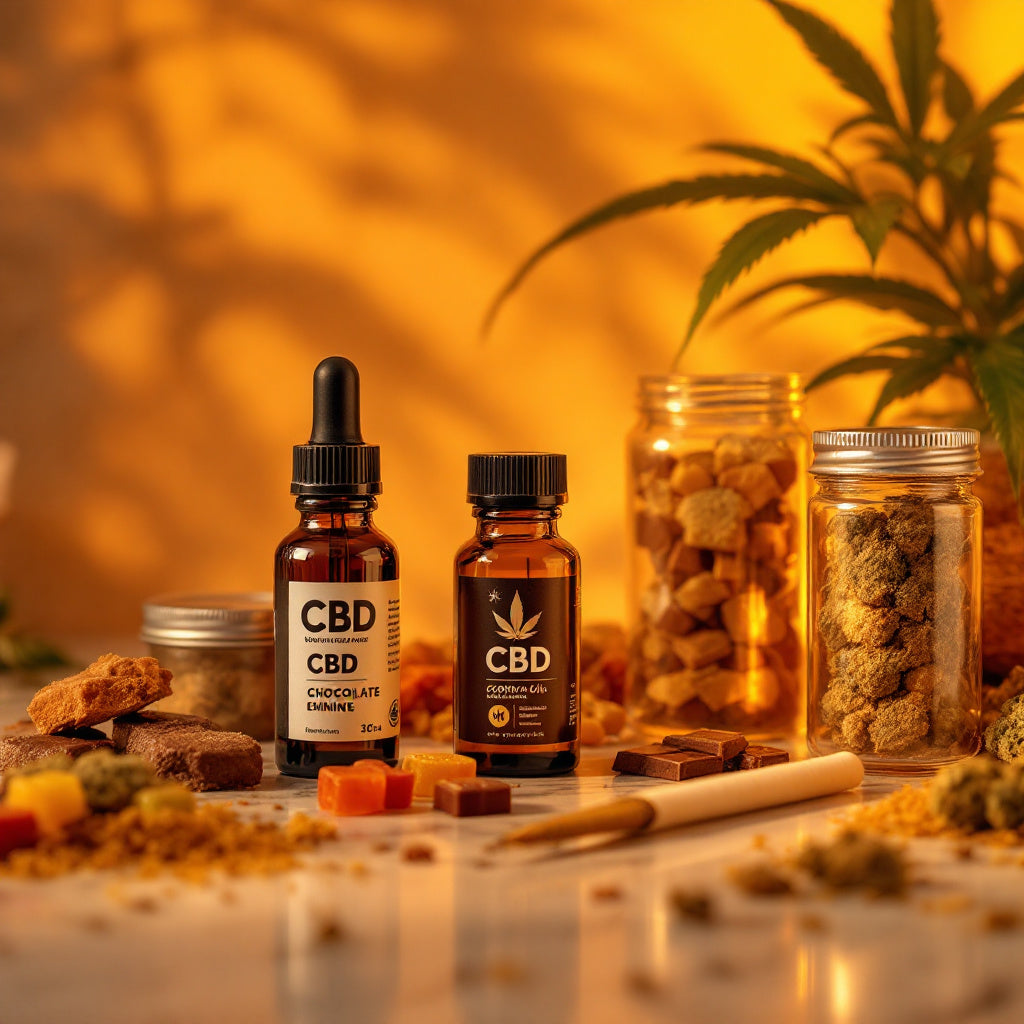  CBD oil Flaschen mit glässern im Hintergrund wo Cannabis drinnen ist. Man sieht auch süße Produkte im Vordergrund. Edibles.