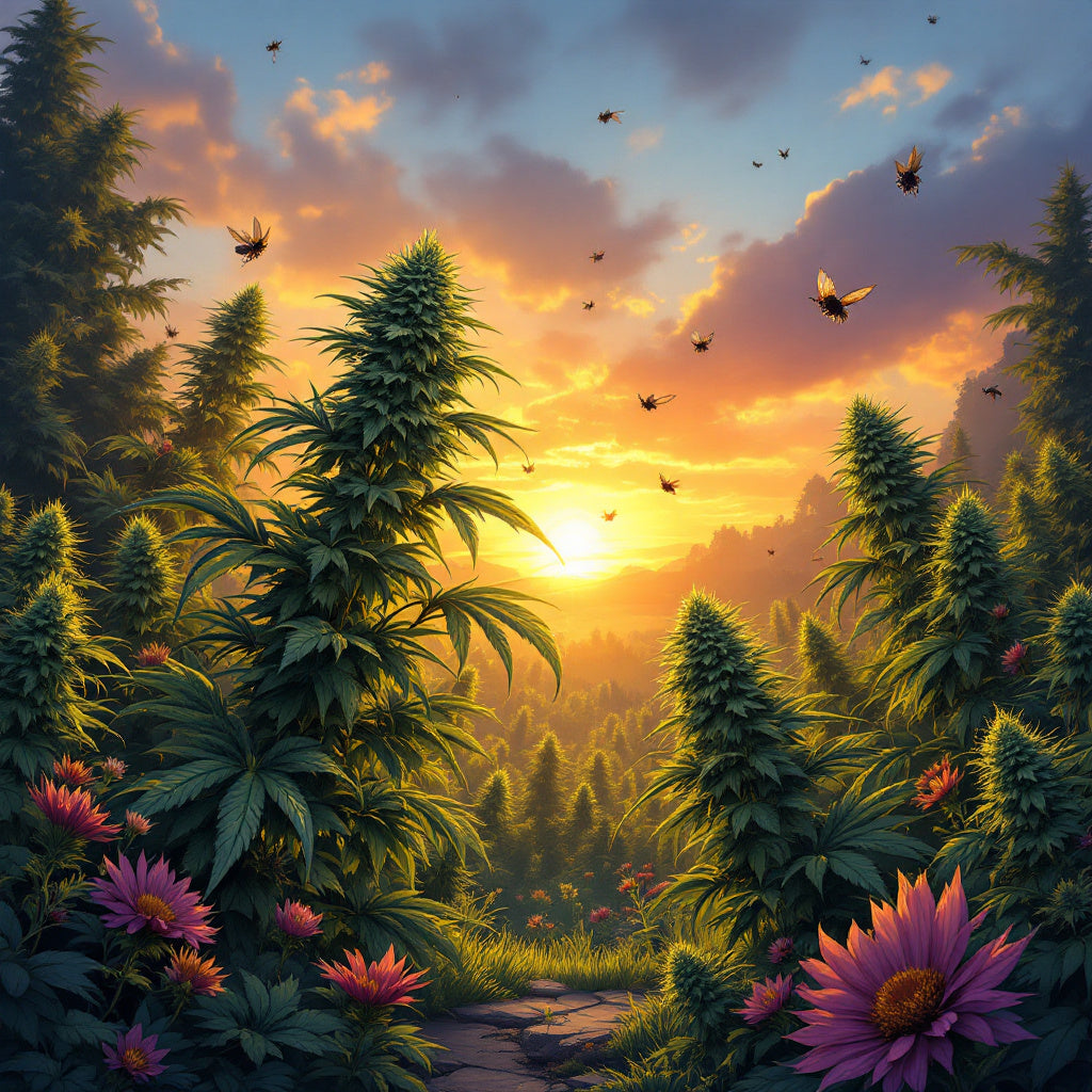 A natural outdoor scene of a cannabis garden during sunset, with golden hues illuminating the THC-laden buds and lush leaves, surrounded by diverse flowering plants and insects.