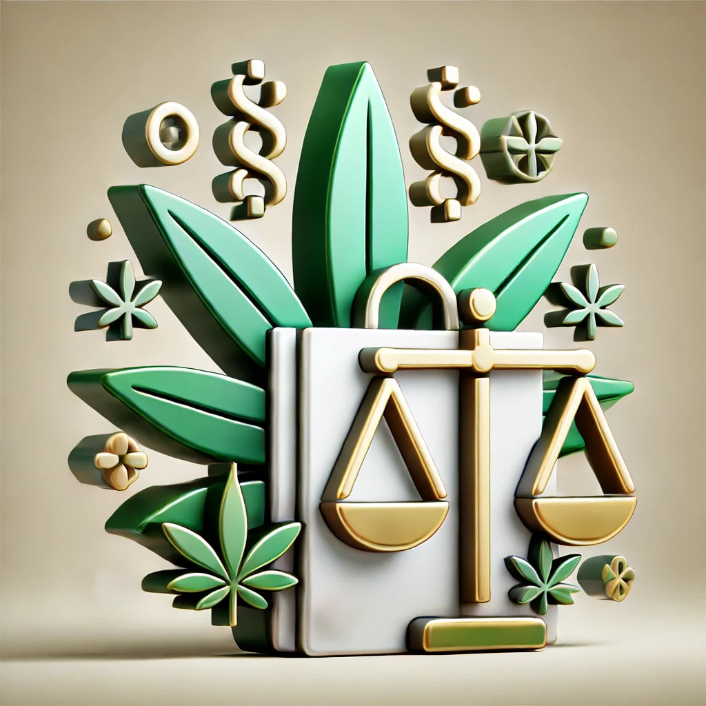 Ein modernes 2D-Bild, das das Konzept des legalen Cannabiskaufs darstellt. Zu sehen sind abstrakte Symbole wie ein stilisiertes Cannabisblatt, eine Einkaufstasche und eine Waage, die die Legalität symbolisiert. Das Design verwendet grüne, weiße und goldene Farbtöne und bleibt vollständig ohne Texte, Logos oder Zeichen.